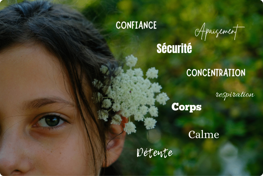 Visage d'enfant avec des mots positifs liés à la sophrologie : confiance, apaisement, sécurité, concentration, respiration, corps, calme, détente.